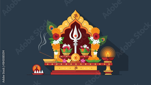 A flat design vector illustration showcasing a meticulously arranged Hindu altar dedicated to Lord Murugan during Thaipusam, featuring symbolic offerings