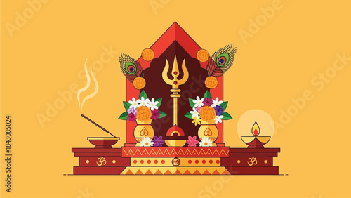 A flat design vector illustration showcasing a meticulously arranged Hindu altar dedicated to Lord Murugan during Thaipusam, featuring symbolic offerings