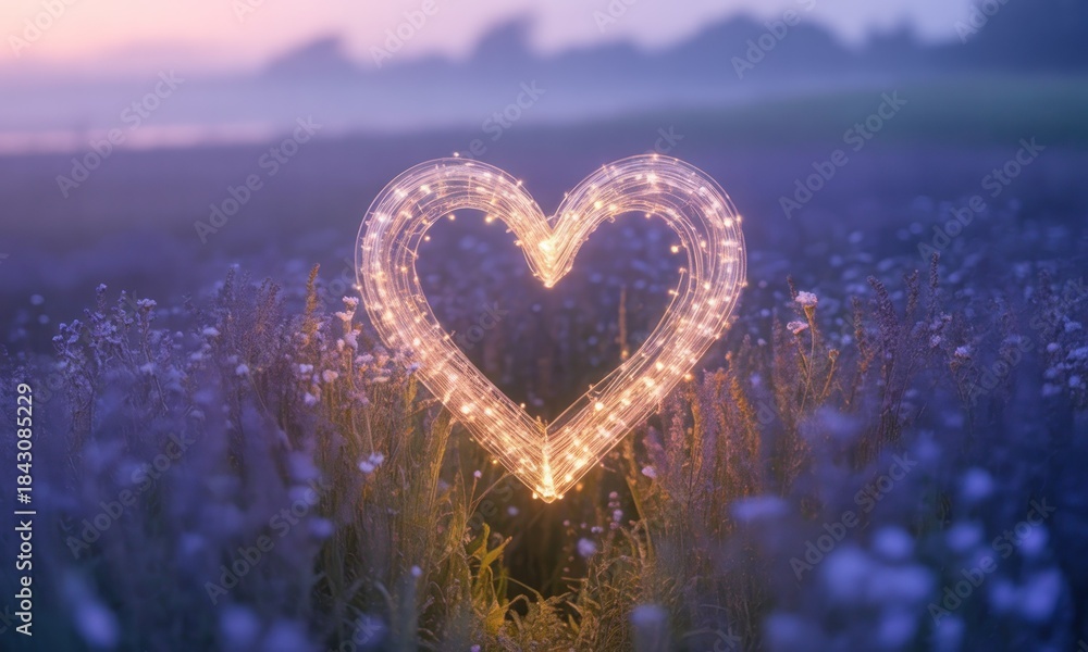 Fototapeta premium Glowing heart shape, illuminated by warm light, amidst a field of purple flowers at dawn or dusk. Soft, ethereal atmosphere