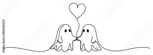 Cute ghost couple in love holding a heart drawn in continuous line art style