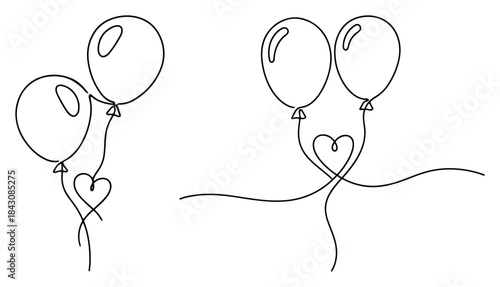Continuous line drawing of festive balloons with heart shaped strings for celebration