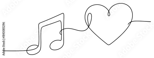 Continuous line drawing of music notes connected to a heart shape