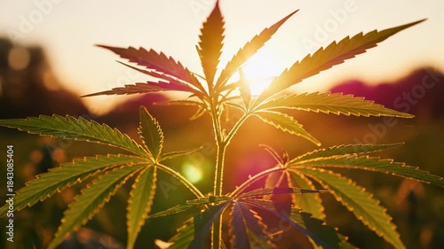 Bright sunlight filters through the vibrant green leaves of a cannabis plant, revealing their intricate details. This cannabis plant stands proudly in the warm glow of the setting