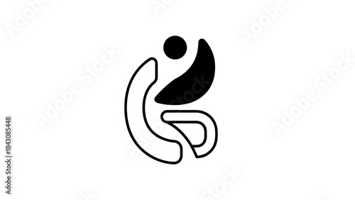Black and white abstract icon representing a person in a seated or yoga pose Keywords: abstract, icon, person, figure, human