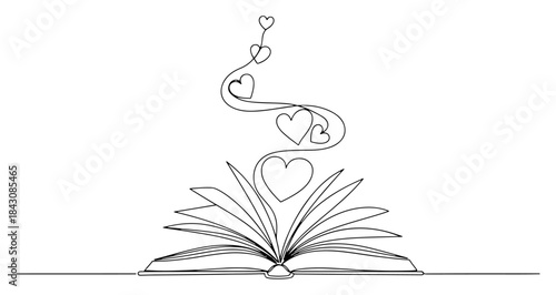 Open book with floating hearts rising from pages continuous line art