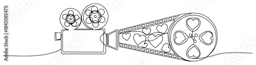 Retro movie projector projecting romantic hearts beam continuous line drawing