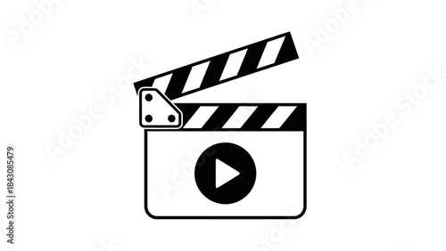 Black and white clapperboard icon with play button symbol movie film
