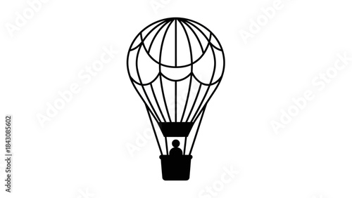 Black outline illustration of a hot air balloon with a basket and passenger airship aircraft