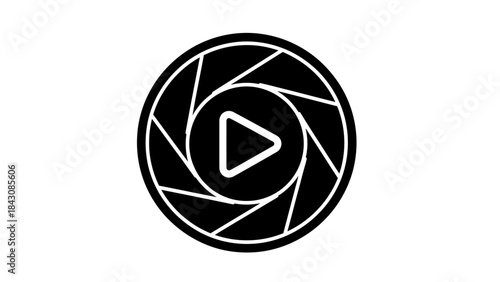 Black Play Button Inside a Circular Aperture Icon on White Background Keywords: play button, video, media, entertainment