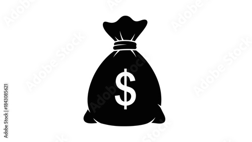 Black silhouette icon of a money bag with a dollar sign Keywords: money, bag, cash, finance, wealth, currency, dollar, symbol
