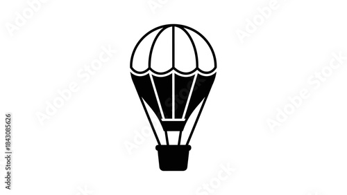 Black silhouette of a hot air balloon with basket and gondola on white icon symbol