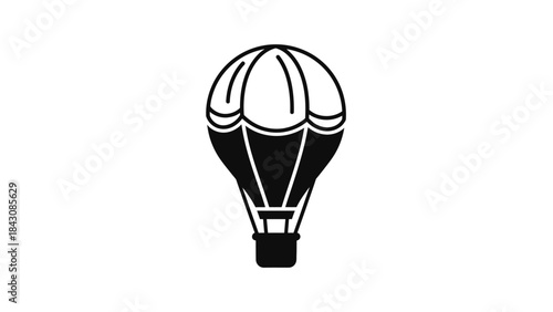 Black silhouette of a hot air balloon with a basket and canopy on a white background airship flight