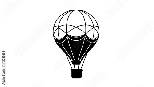 Black silhouette of a hot air balloon with basket and rigging on white background celebration