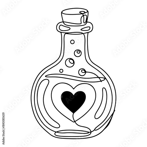 Magic love potion bottle with heart shape continuous line drawing