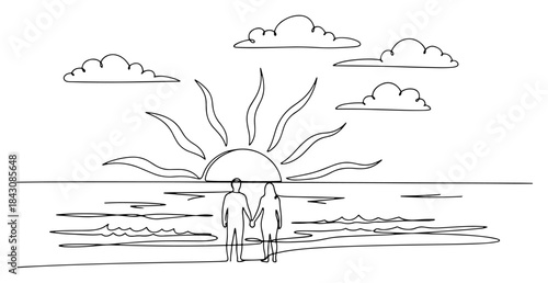 Romantic couple holding hands watching sunset on beach continuous line art