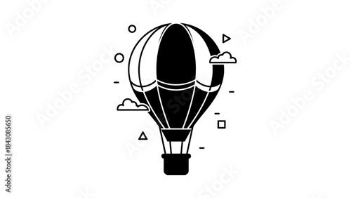 Black silhouette of a hot air balloon with clouds and geometric shapes Keywords: hot air balloon, airship, travel, adventure