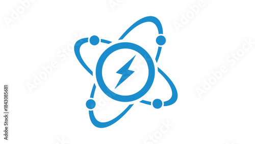 Blue Atom Symbol With Lightning Bolt On White Background Keywords: atom, symbol, science, technology, energy, power