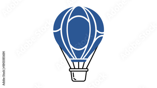 Blue hot air balloon icon with white outlines and basket on white background Keywords: hot air balloon, airship, flight