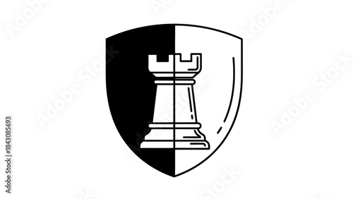 Chess rook in shield divided black and white on white background castle tower
