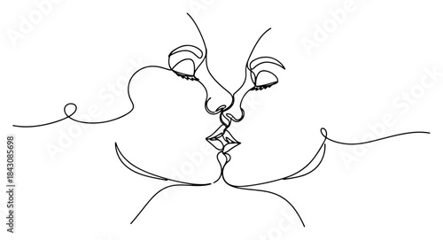 Continuous line drawing of two faces kissing expressing deep love and intimacy