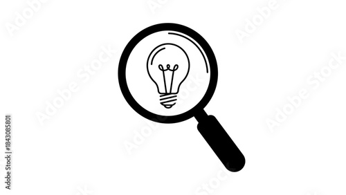 Magnifying glass over a light bulb icon on white background Keywords: magnifying glass, light bulb, idea, search, discovery