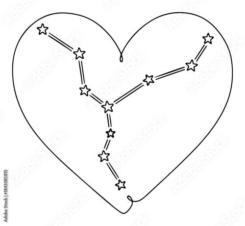 Continuous line drawing of a heart shaped constellation with stars connecting