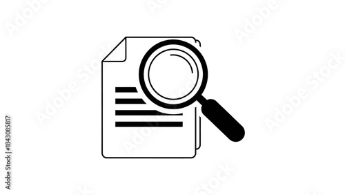 Magnifying glass over document icon with lines of text on white background paper