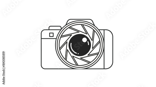 Outline of a camera with a detailed lens aperture on white background Keywords: camera, photography, lens, aperture, shutter