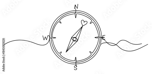 Continuous line drawing of a compass with a heart needle pointing direction