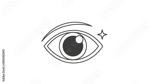 Outline of an eye with a sparkling star on a white background iris pupil