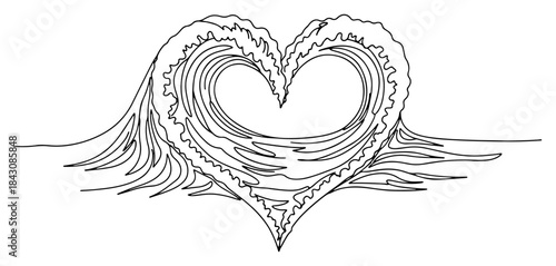 Continuous line drawing of ocean waves forming a heart shape