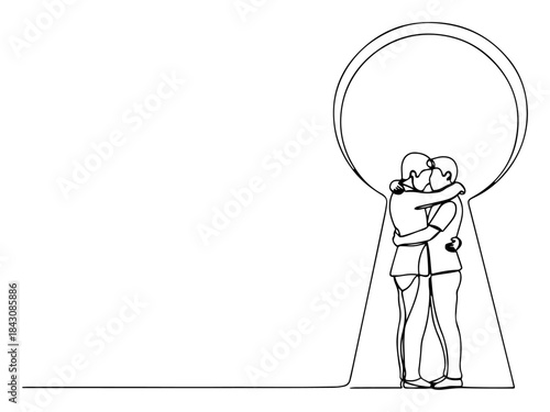 Continuous line drawing of a gay couple kissing inside a keyhole