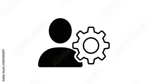 Silhouette of a person icon next to a gear cogwheel on white background Keywords: person, user, profile, avatar, gear