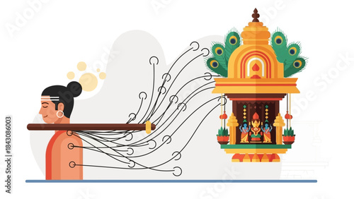 This flat design vector illustration respectfully portrays the concept of spiritual piercing during Thaipusam, symbolizing profound devotion and sacrifice