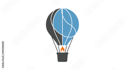Stylized hot air balloon with flame and blue and grey panels on white background Keywords: hot air balloon, airship, flight