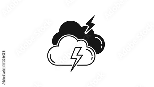 Two black clouds with lightning bolts striking on white background thunder storm