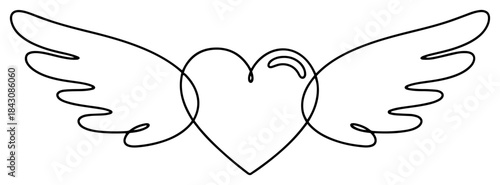 Continuous line drawing of a flying heart with angel wings