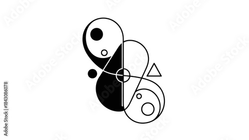 Yin Yang Symbol with Geometric Shapes Black and White Abstract vector illustration