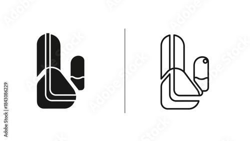 Abstract Linear and Solid Icons Representing a Stylized Chair on White Background Keywords: chair, seat, furniture, icon