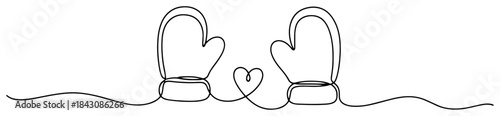 Pair of winter mittens connected by heart string continuous line drawing