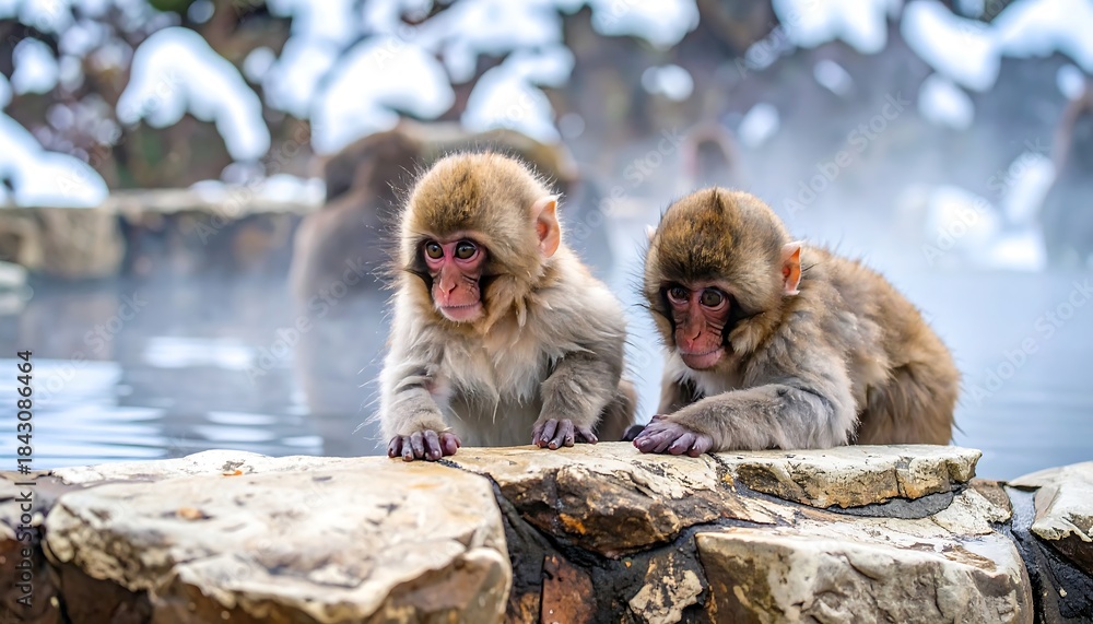 Naklejka premium Two young snow monkeys in a hot spring