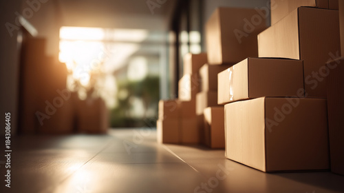 Blurred moving day background with cardboard boxes in empty room
