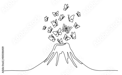 Volcano erupting with a swarm of butterflies in line art style