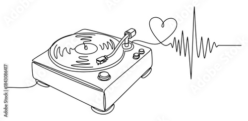 Record player turntable connected to a heartbeat line and heart