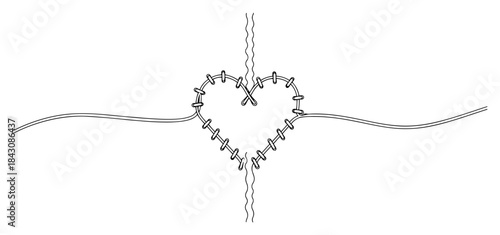 Mending broken heart with stitches sewing concept continuous line art