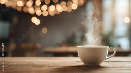 Close up white coffee cup with steam on blurred cafe background