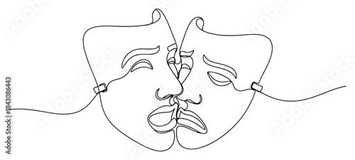 Comedy and tragedy theater masks kissing continuous line art drawing