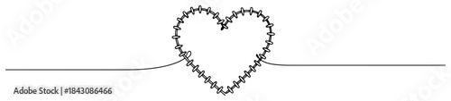 Heart shape outline made of sewing stitches continuous line drawing