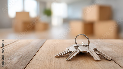 House keys on table with blurred new home background