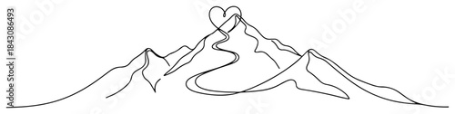 Continuous line drawing of mountain peaks with a trail forming a heart shape
